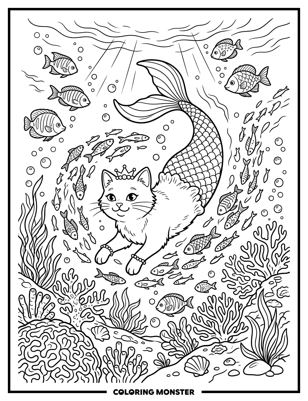 Cat with Fish Tail Swimming Coloring Page