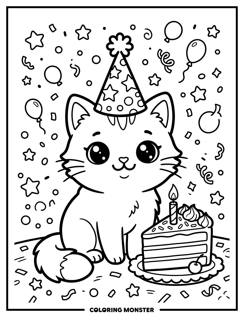 Cat With Party Hat and Cake Coloring Page