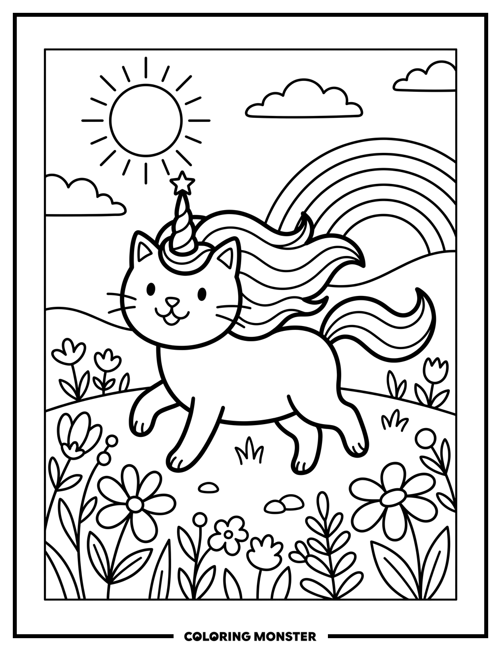 Cat with Unicorn Horn and Rainbow Mane Coloring Page