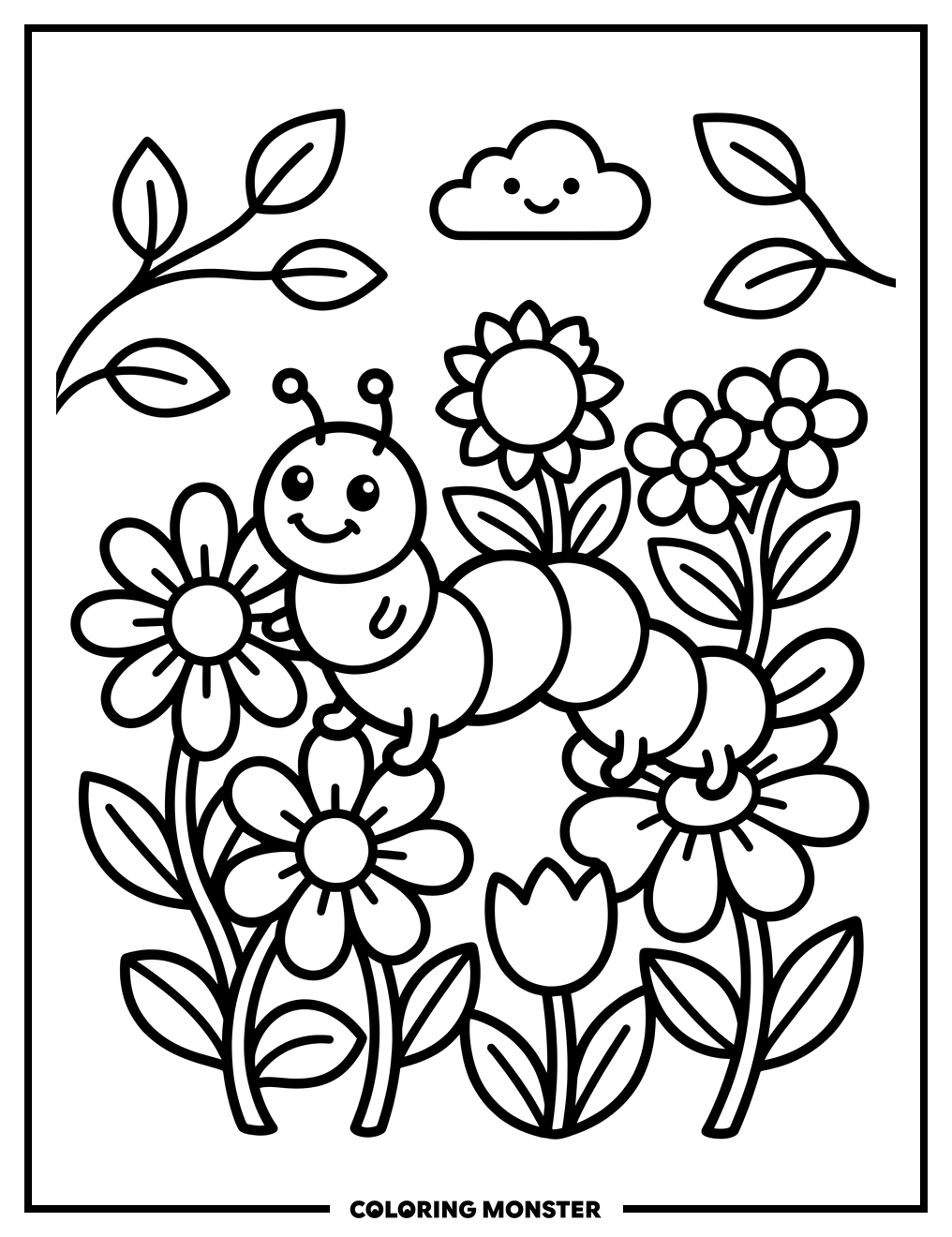 Caterpillar Among Flowers Coloring Page