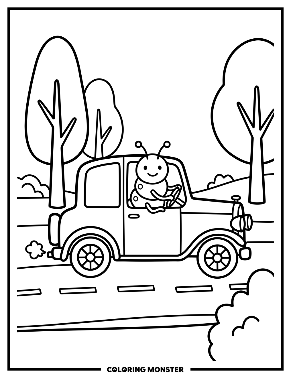 Caterpillar Driving a Vintage Car Coloring Page