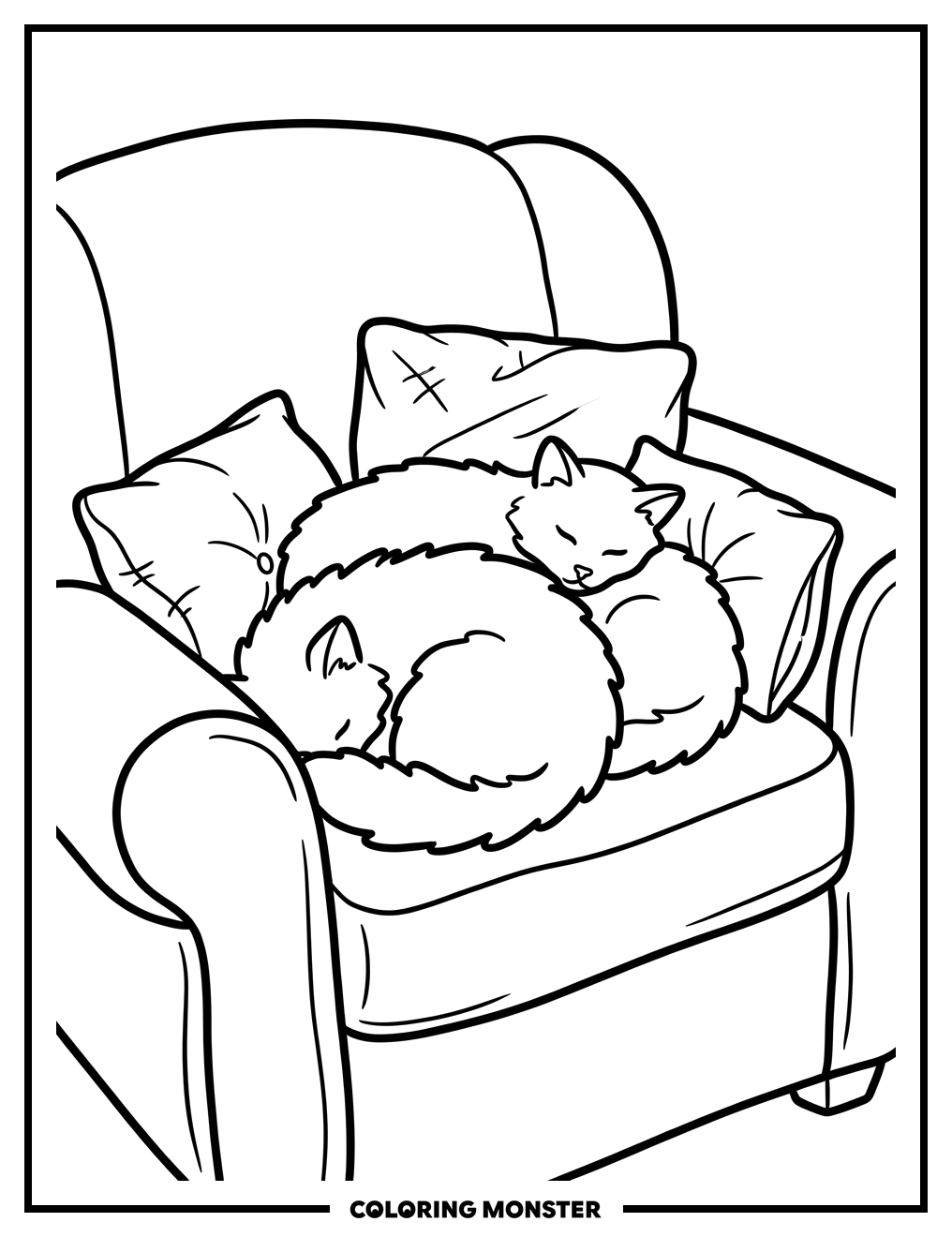 Cats Napping On An Armchair Coloring Page
