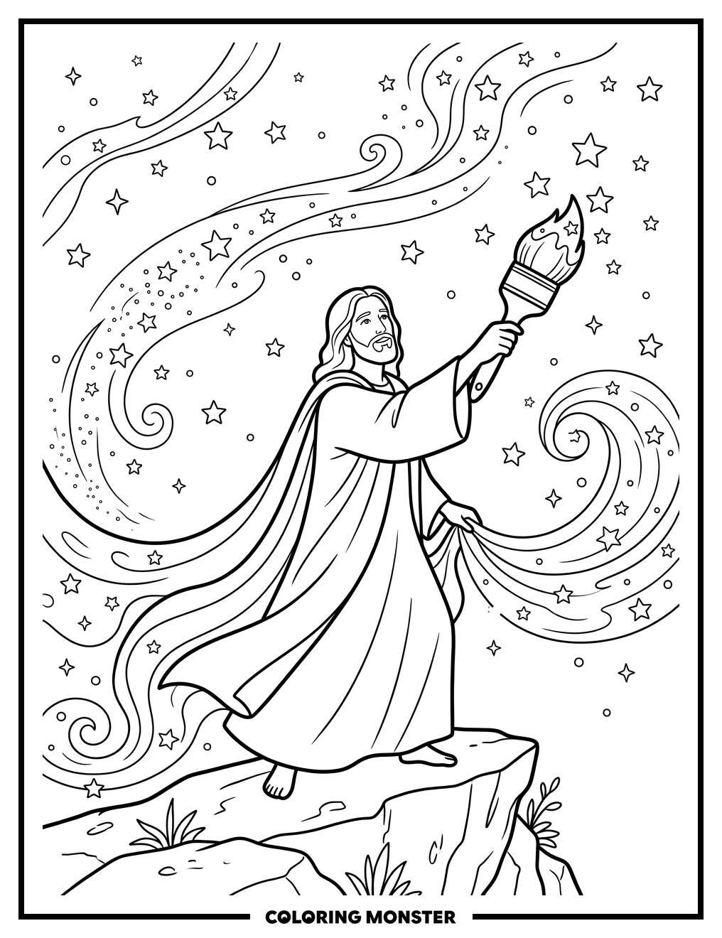 Celestial Artist Painting The Night Sky Coloring Page