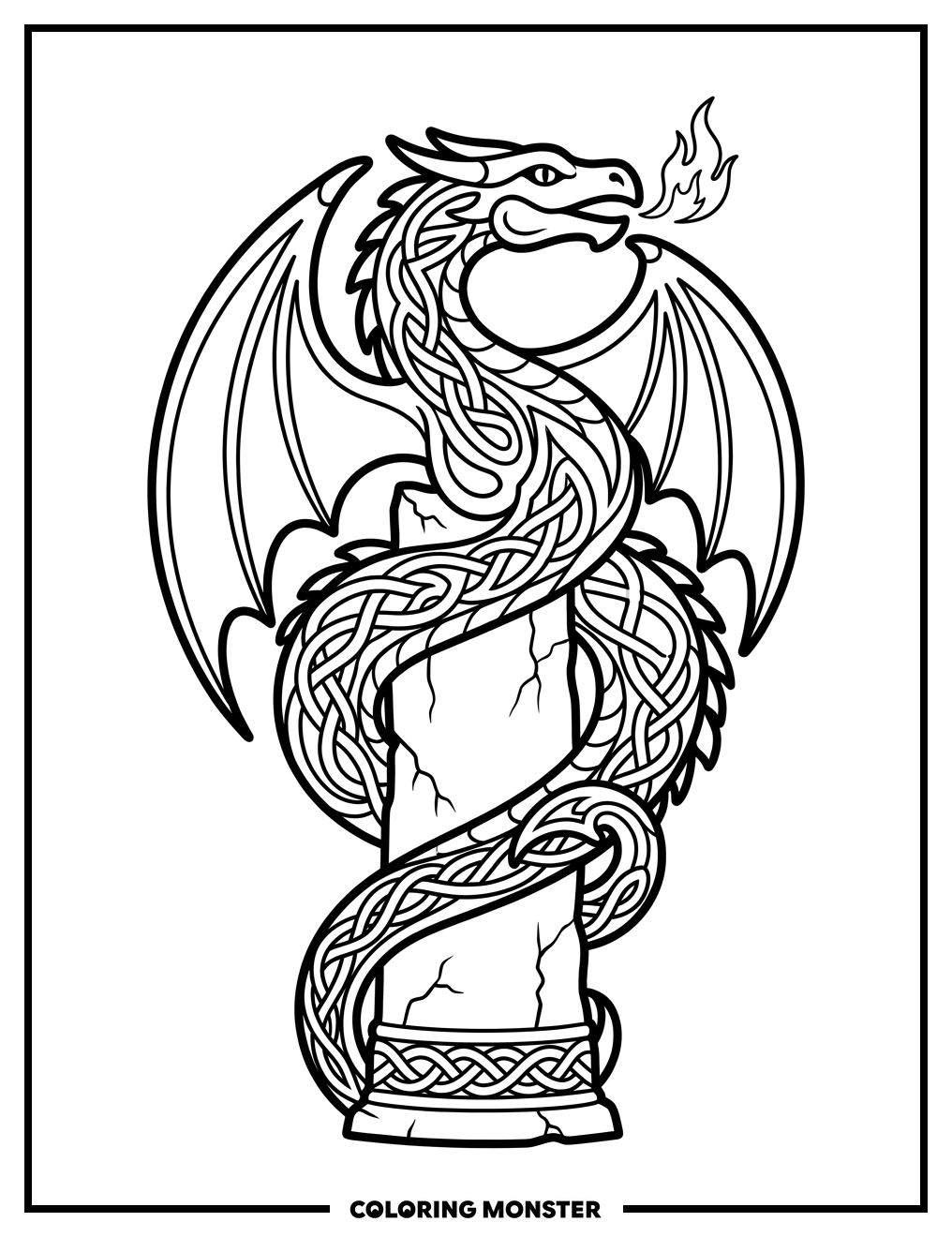 Celtic Dragon and Stone Pillar Coloring Page