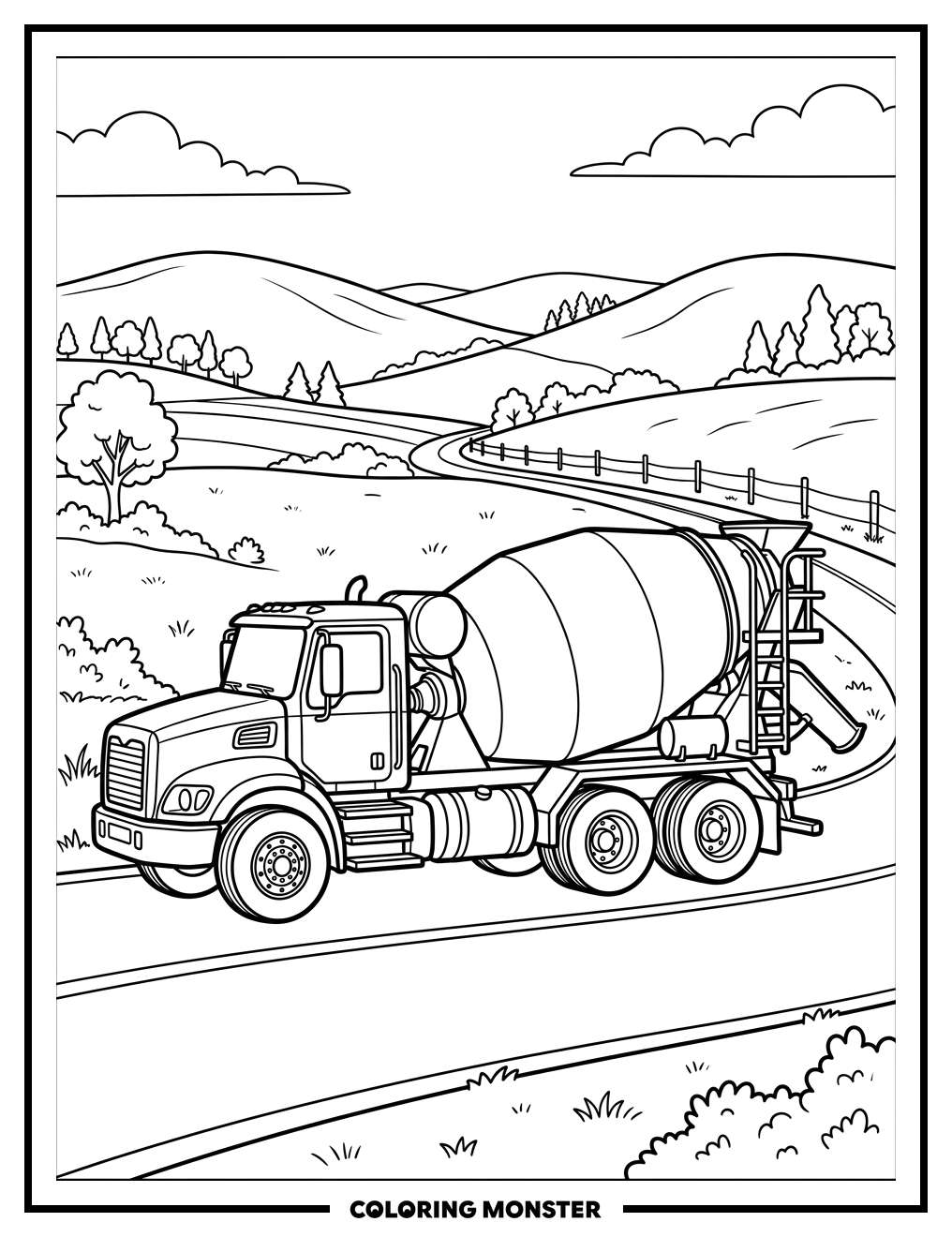 Cement Truck on a Road Coloring Page