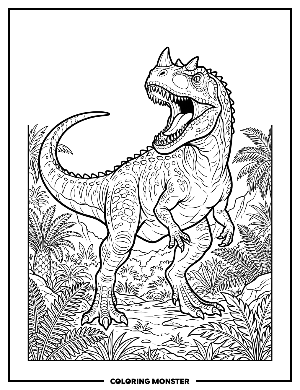 Ceratosaurus Roaring Among Ferns Coloring Page