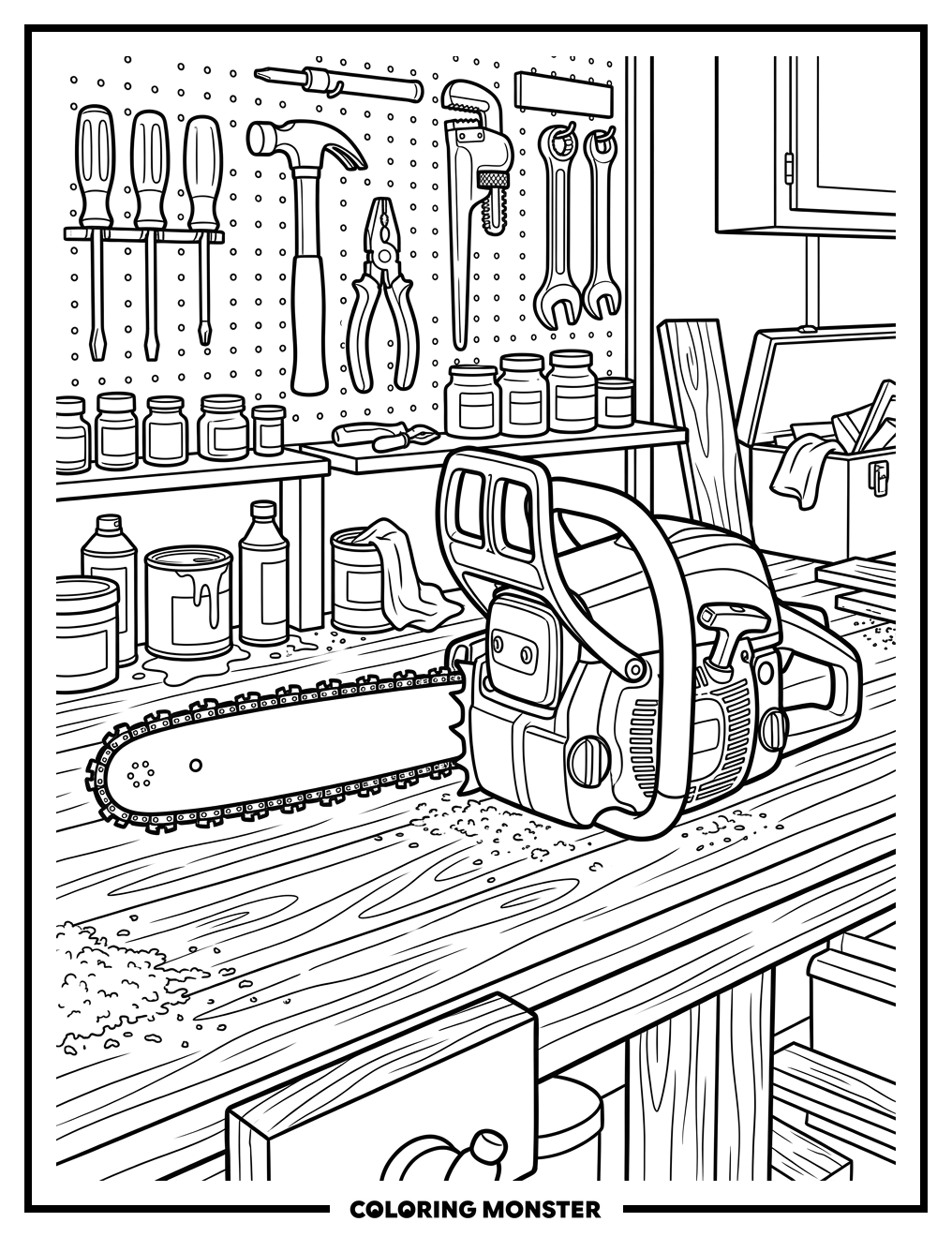 Chainsaw on Workbench Coloring Page