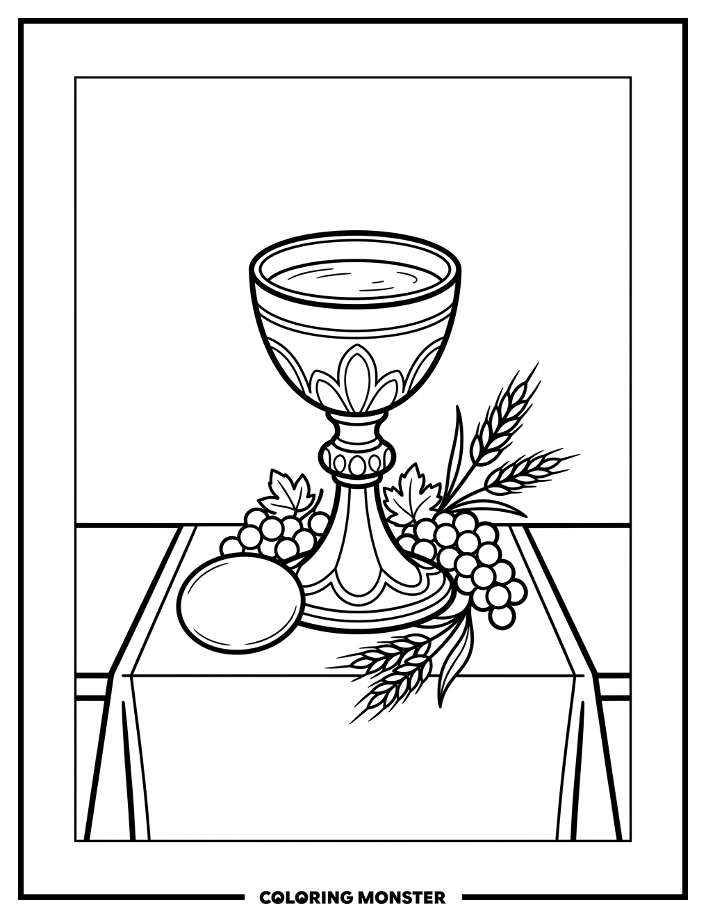 Chalice, Host, Grapes, and Wheat Coloring Page