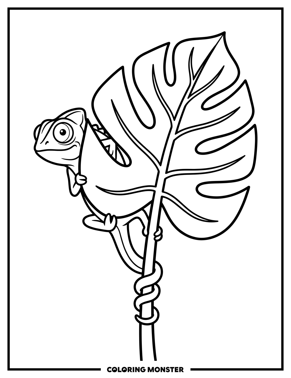 Chameleon Behind Tropical Leaf Coloring Page
