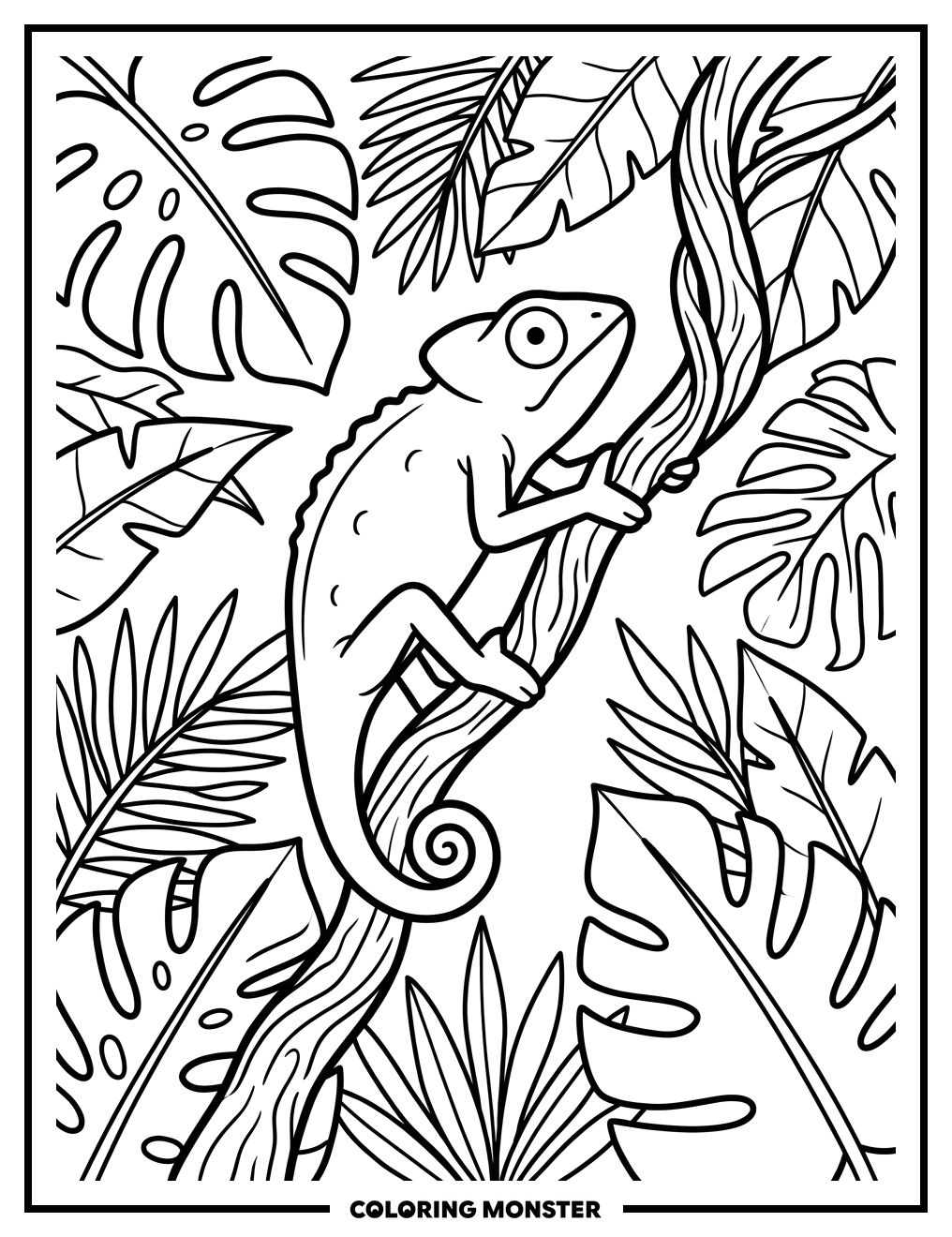 Chameleon Climbing a Vine Coloring Page