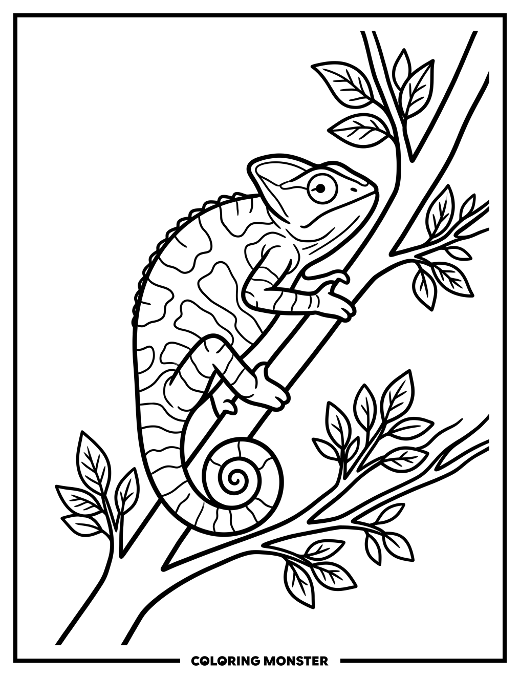Chameleon on a Leafy Branch Coloring Page