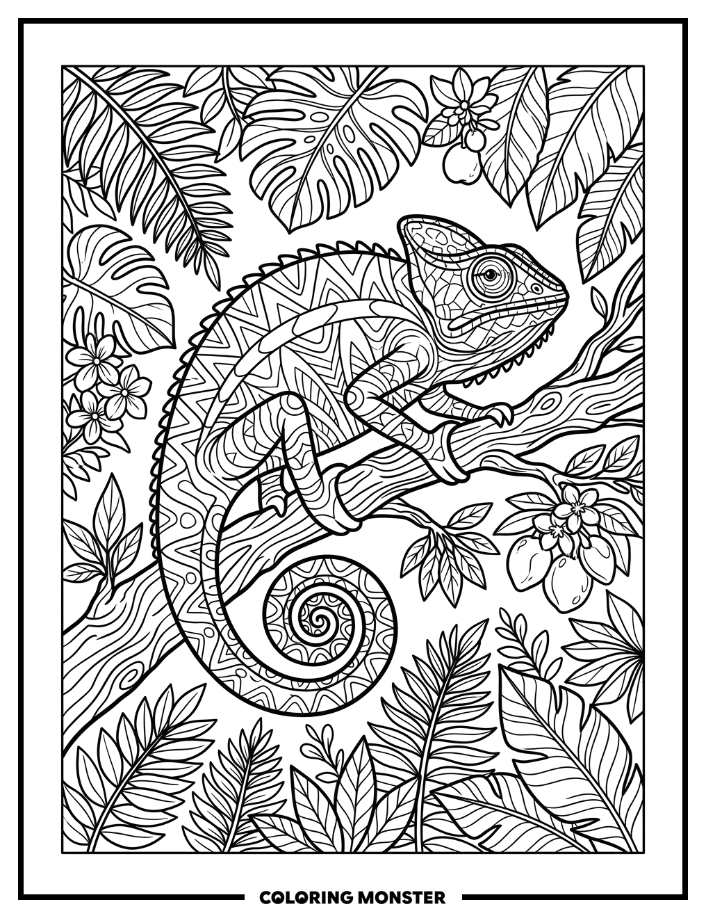 Chameleon on a Tree Branch Coloring Page
