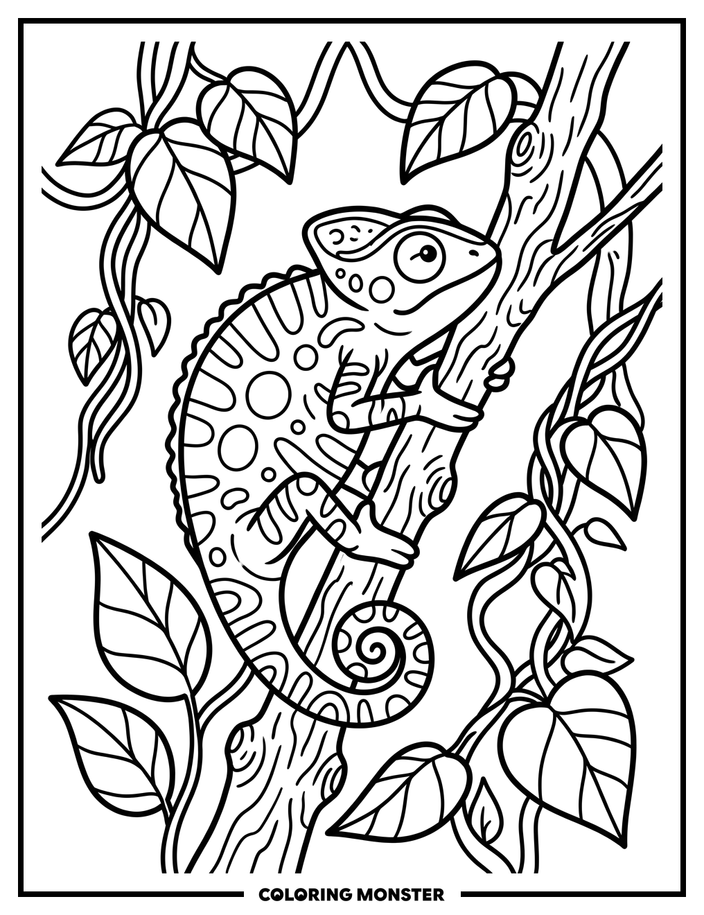 Chameleon on Textured Branch Coloring Page