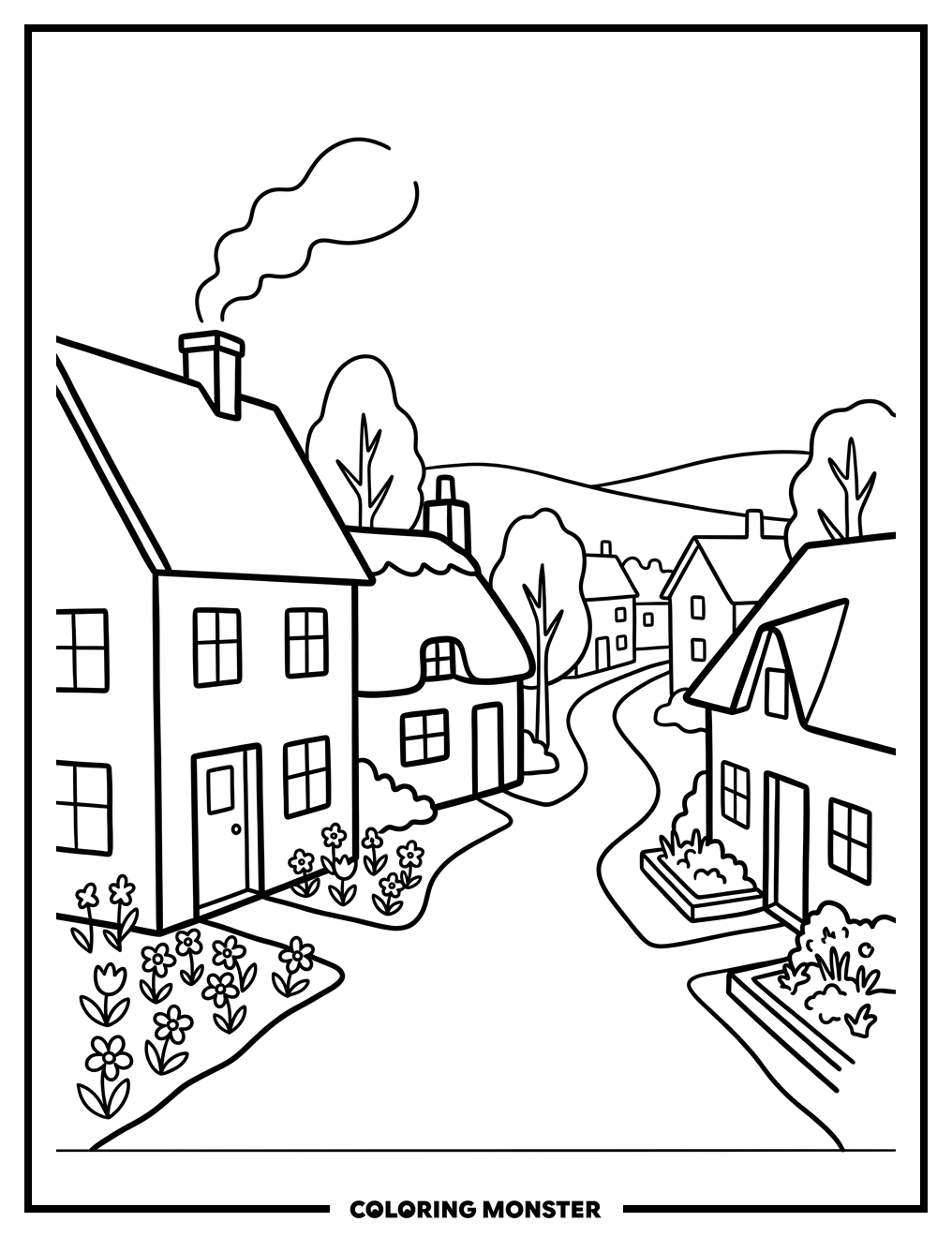 Charming Village Houses Coloring Page