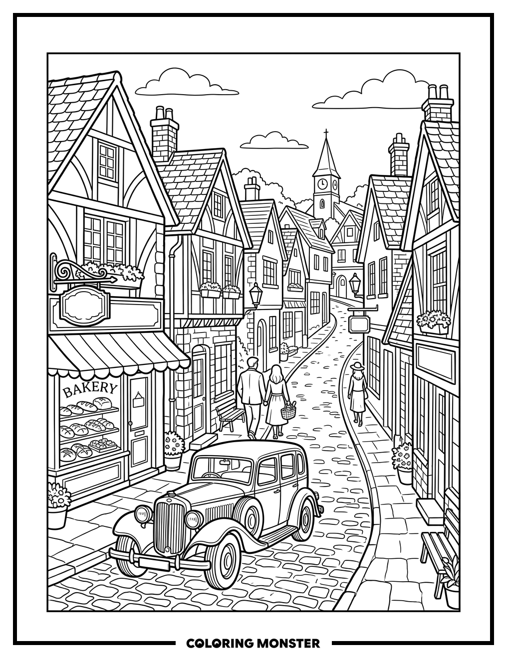 Charming Village Street Scene Coloring Page