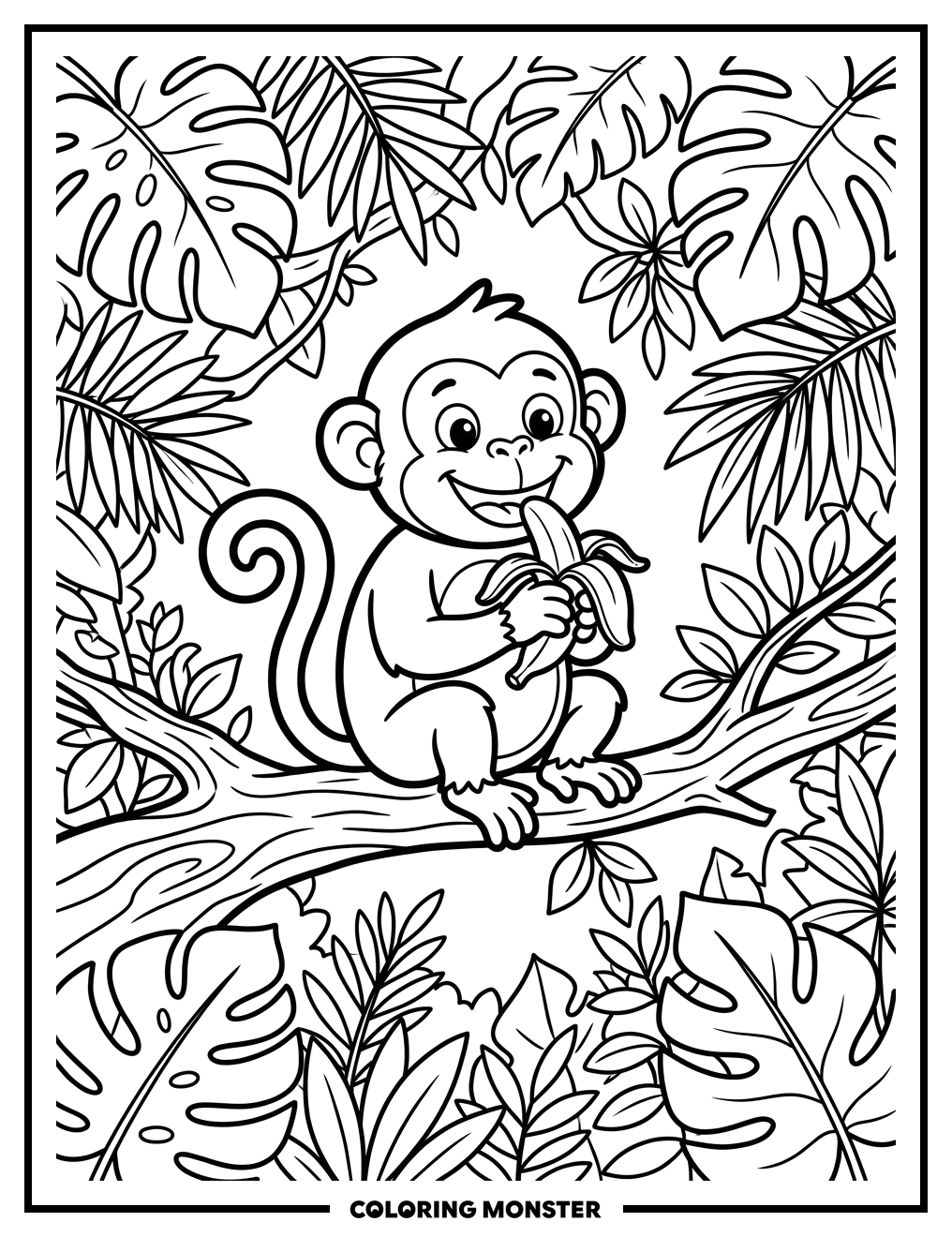 Cheeky Monkey Eating Banana Coloring Page
