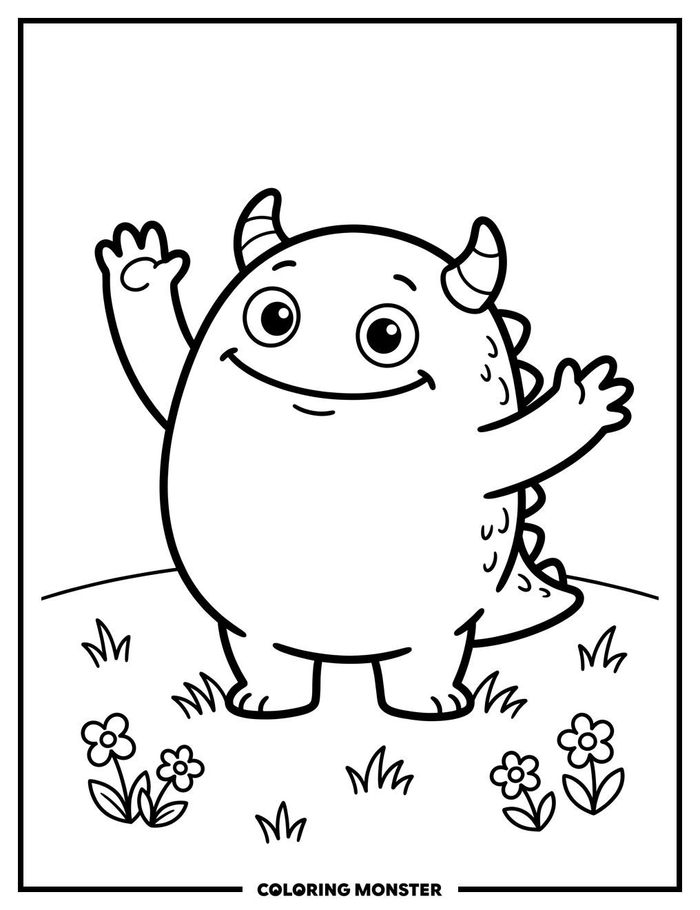 Cheerful Baby Monster in Field Coloring Page