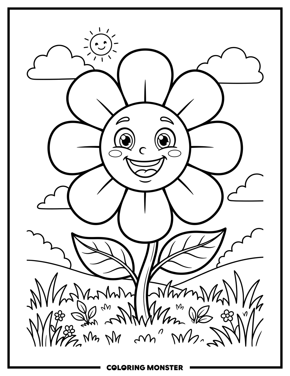 Cheerful Cartoon Flower in Field Coloring Page