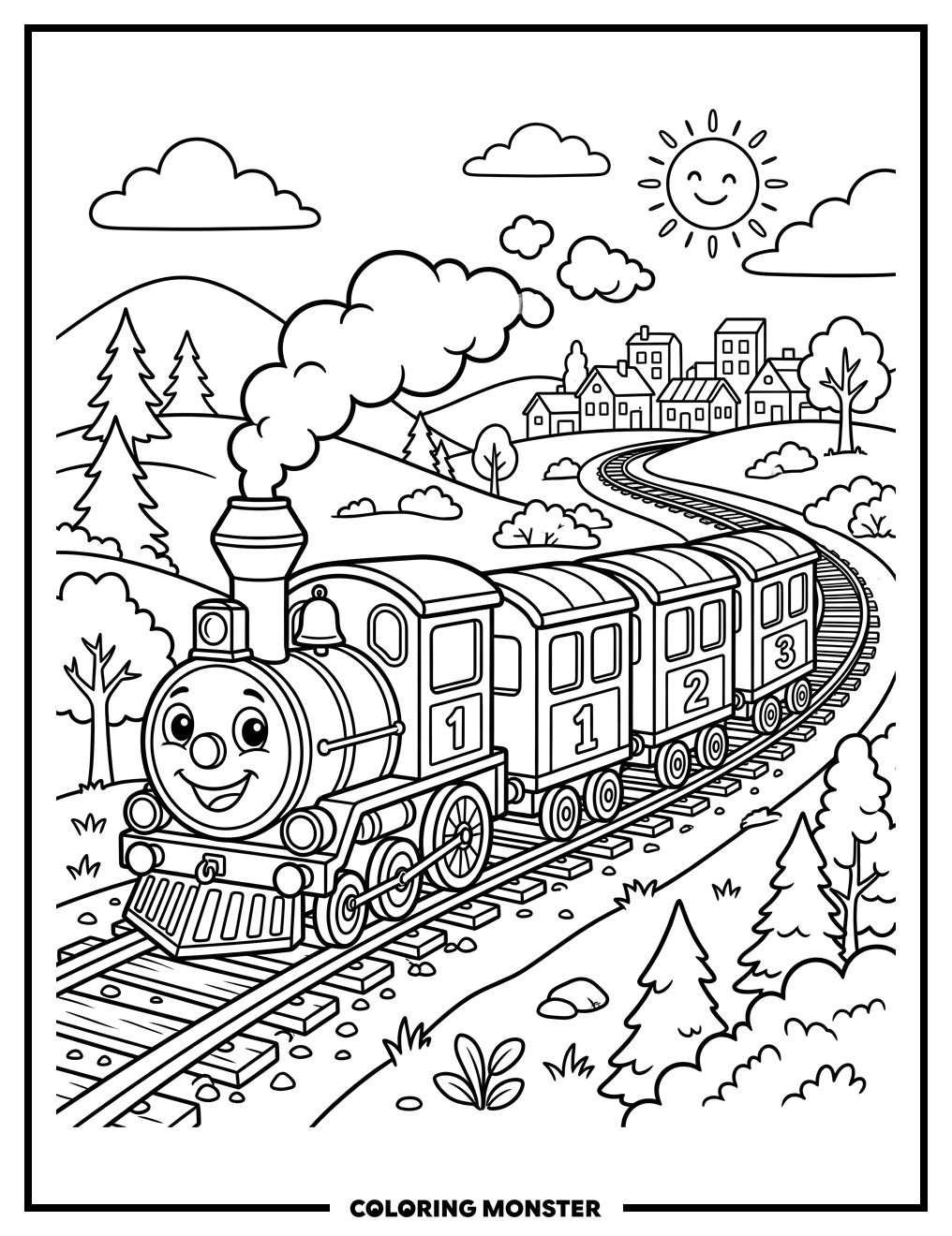 Cheerful Cartoon Train With Numbered Carriages Coloring Page