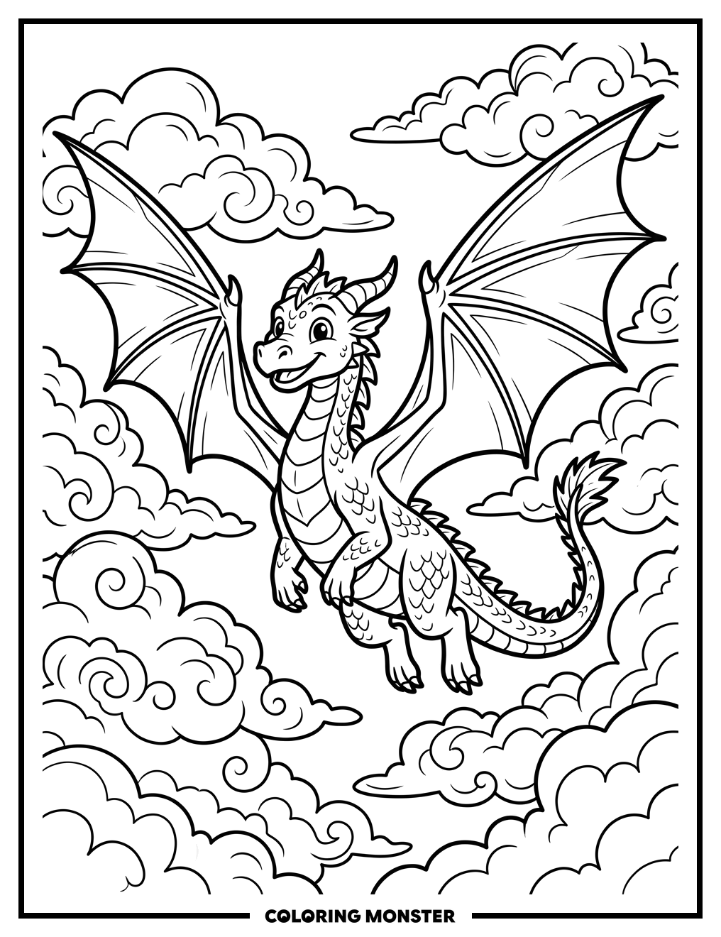 Cheerful Dragon Flying Through Clouds