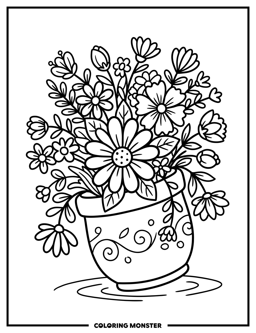 Cheerful Flower Pot With Blooming Flowers Coloring Page