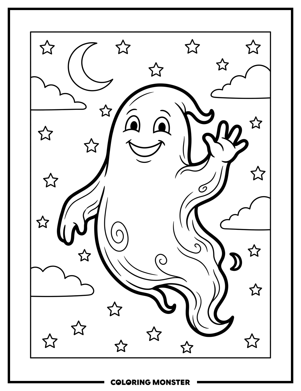 Cheerful Ghost Waving Hello Coloring Page