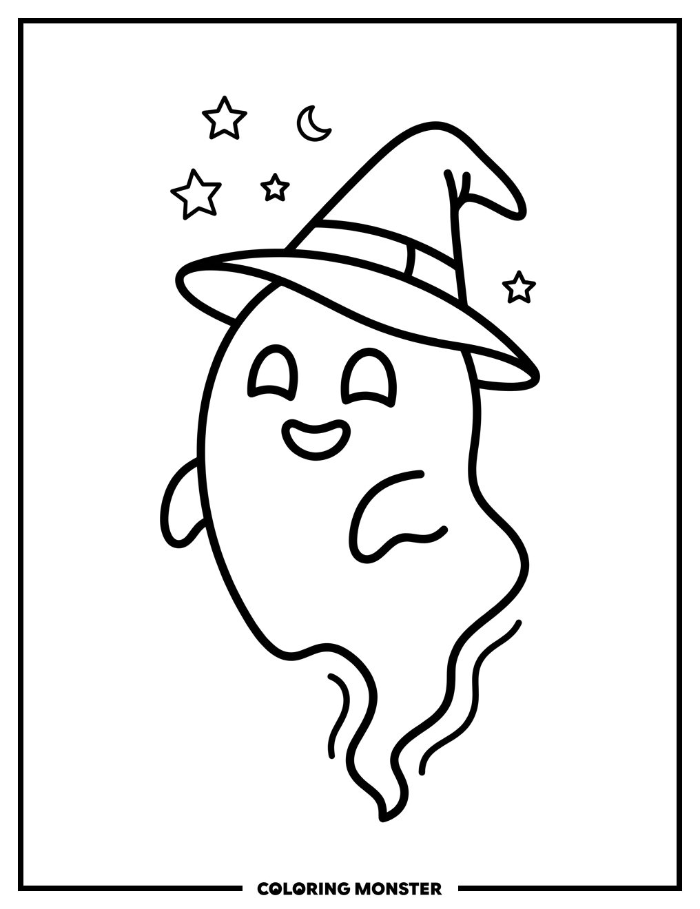 Cheerful Ghost Wearing Witch Hat Coloring Page
