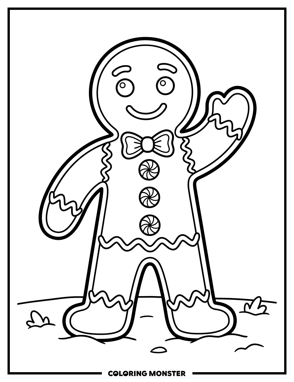 Cheerful Gingerbread Man Waving Hello Coloring Page