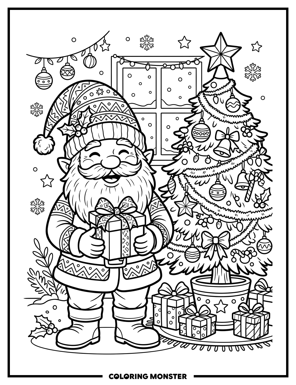 Cheerful Gnome with Christmas Tree and Gift Coloring Page