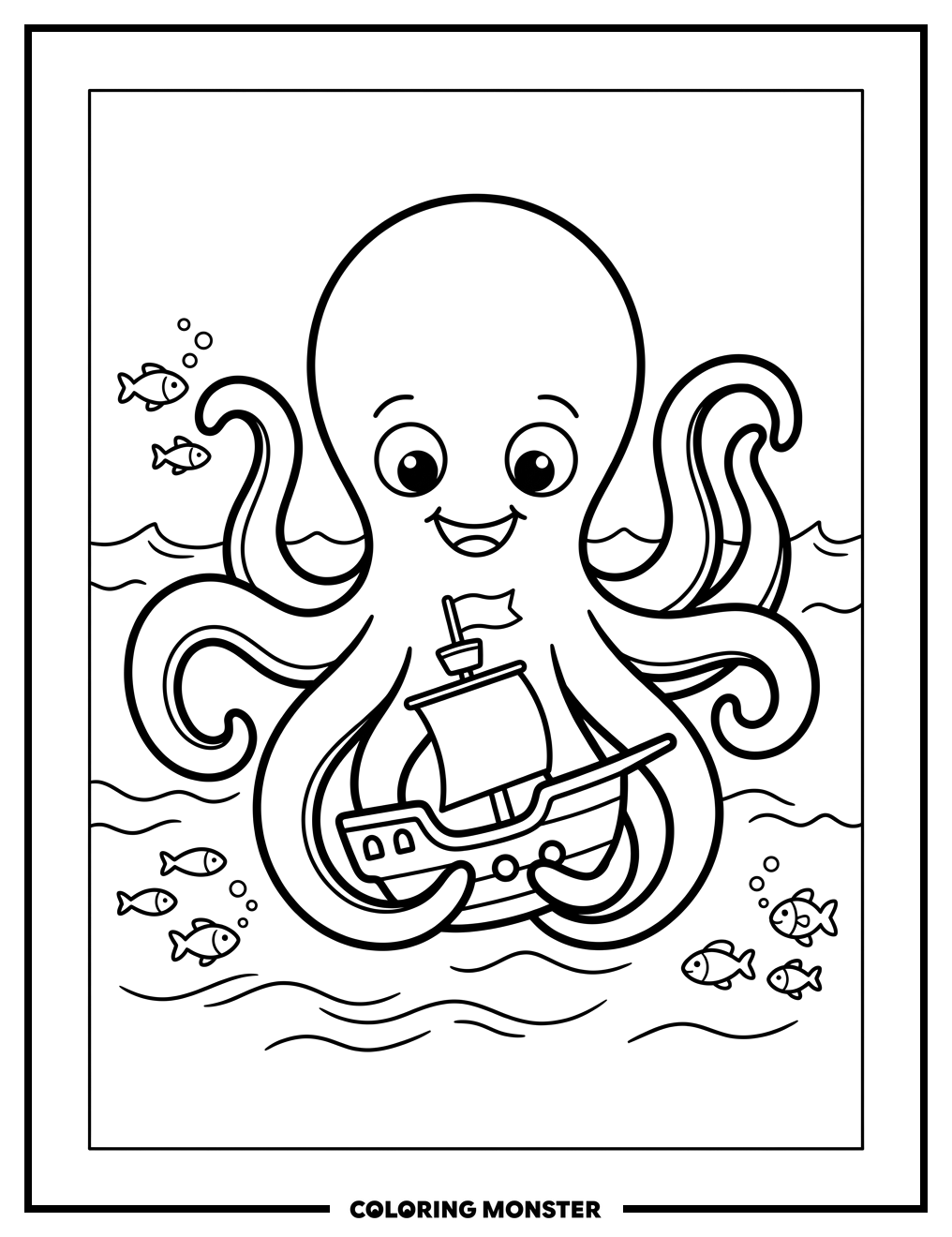 Cheerful Kraken With Pirate Ship Coloring Page