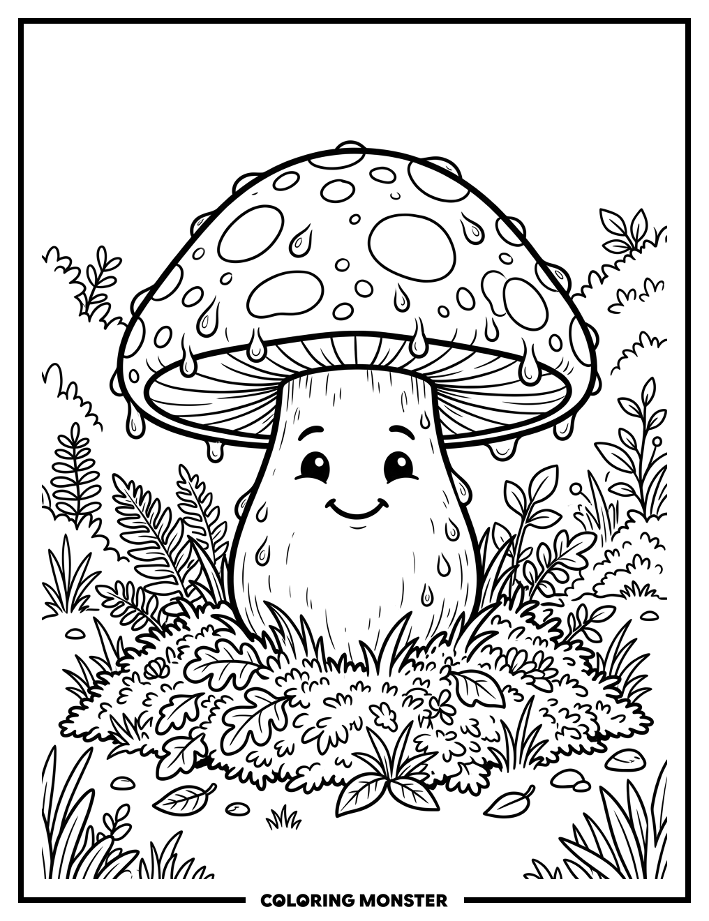 Cheerful Mushroom with Dew Drops Coloring Page