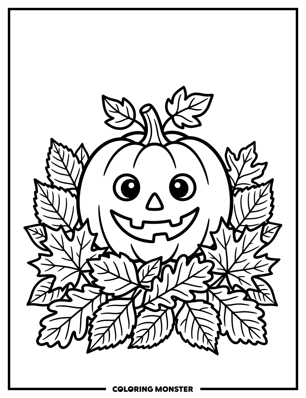 Cheerful Pumpkin Among Fall Leaves Coloring Page