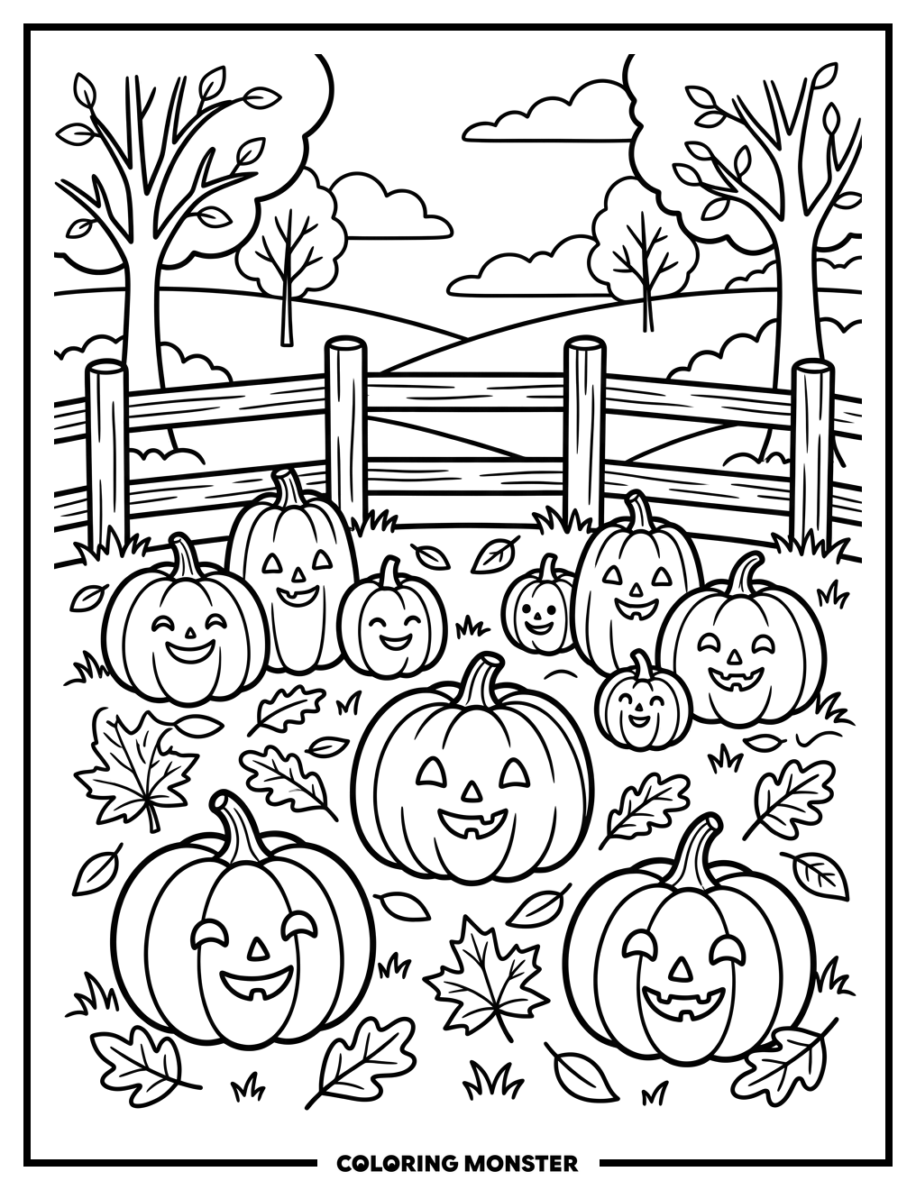 Cheerful Pumpkin Patch Scene Coloring Page