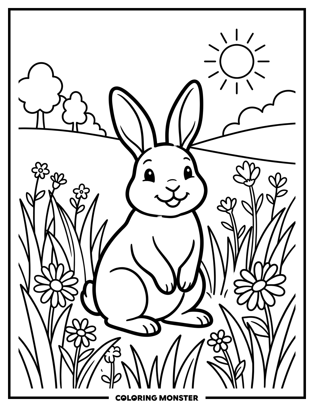 Cheerful Rabbit in a Sunny Meadow Coloring Page