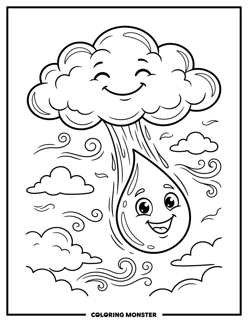 Cheerful Raindrop Falling From Cloud Coloring Page