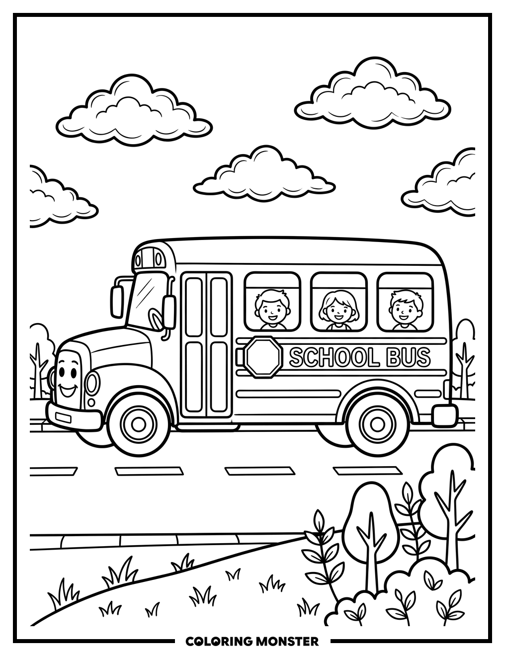 Cheerful School Bus on a Sunny Day Coloring Page
