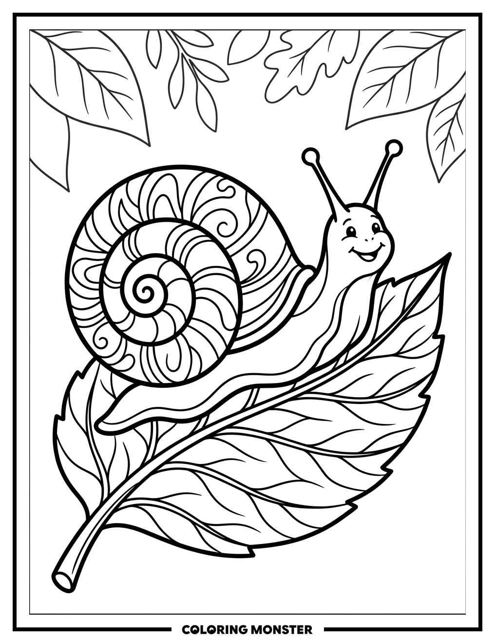 Cheerful Snail on a Leaf Coloring Page