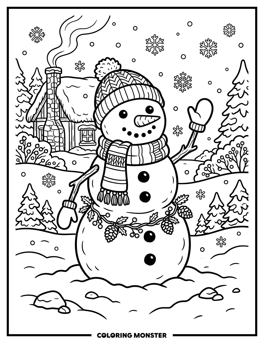 Cheerful Snowman in Snowy Field Coloring Page