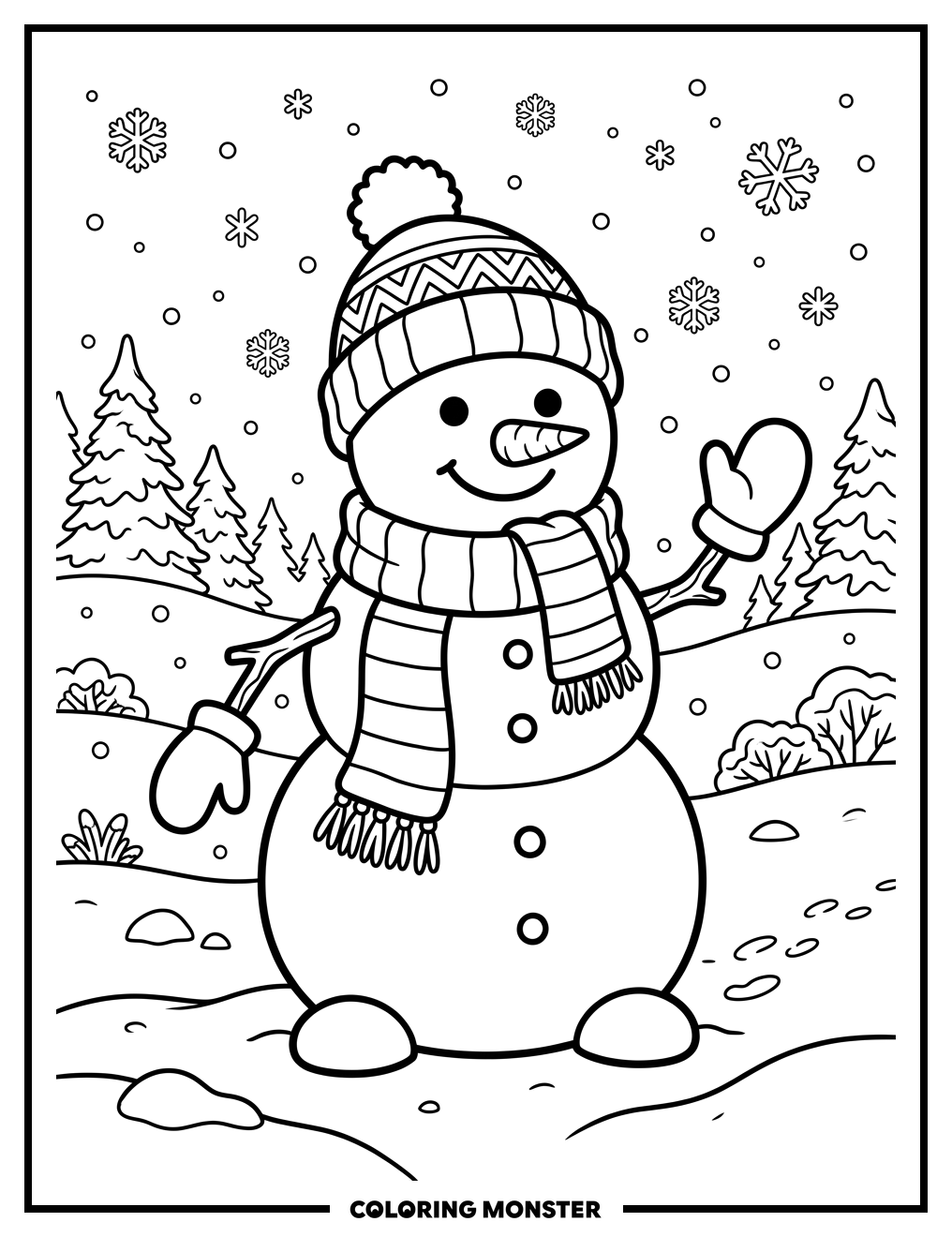 Cheerful Snowman in Snowy Field Coloring Page