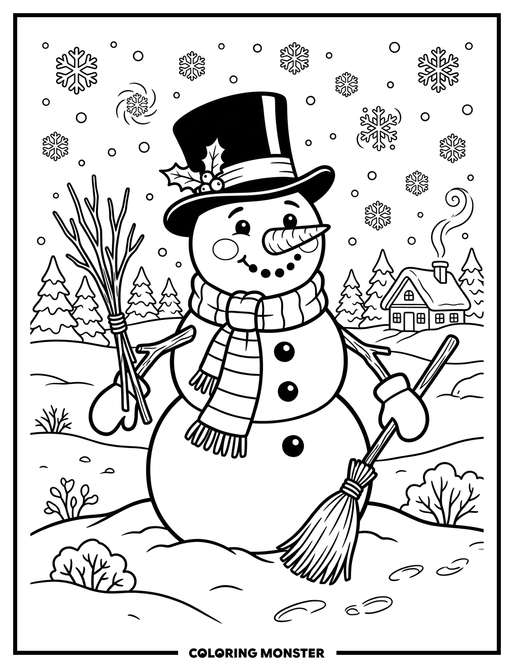 Cheerful Snowman in Snowy Field Coloring Page