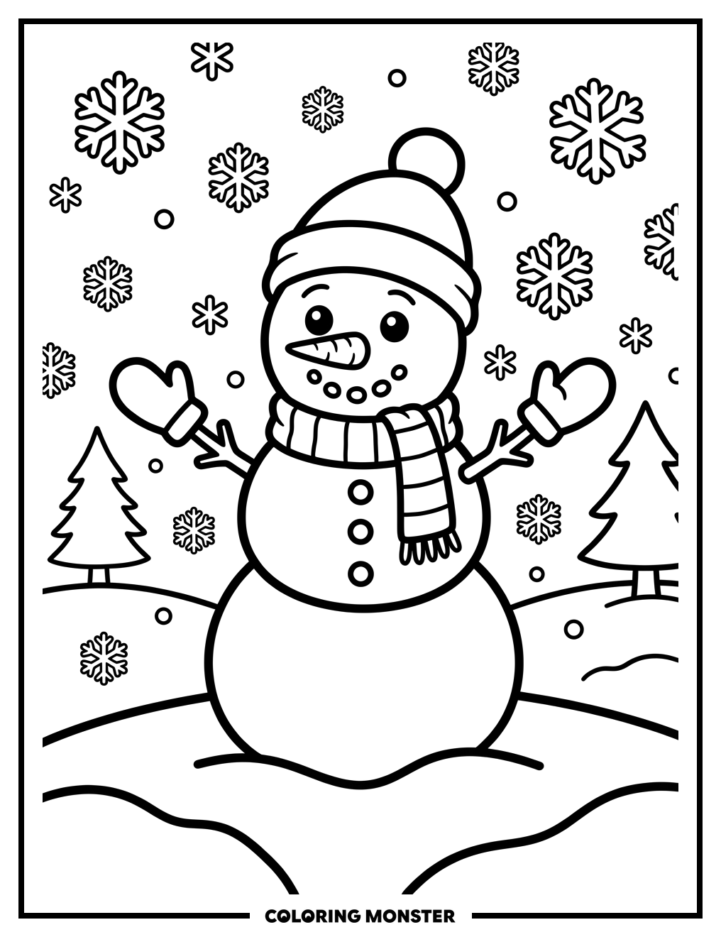 Cheerful Snowman in Snowy Landscape Coloring Page