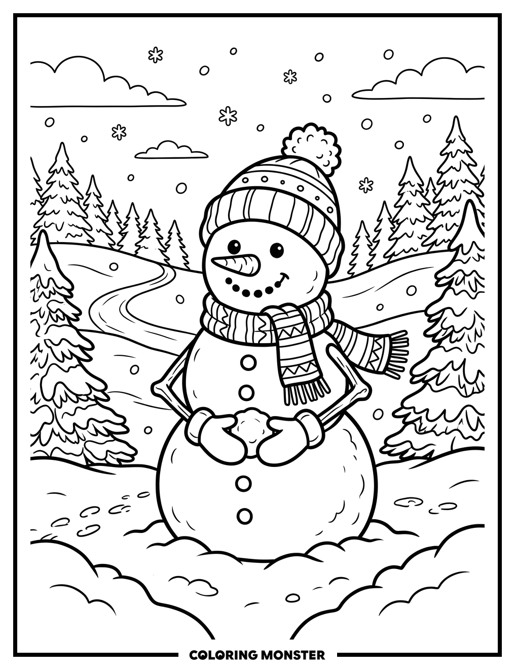Cheerful Snowman in Winter Wonderland Coloring Page