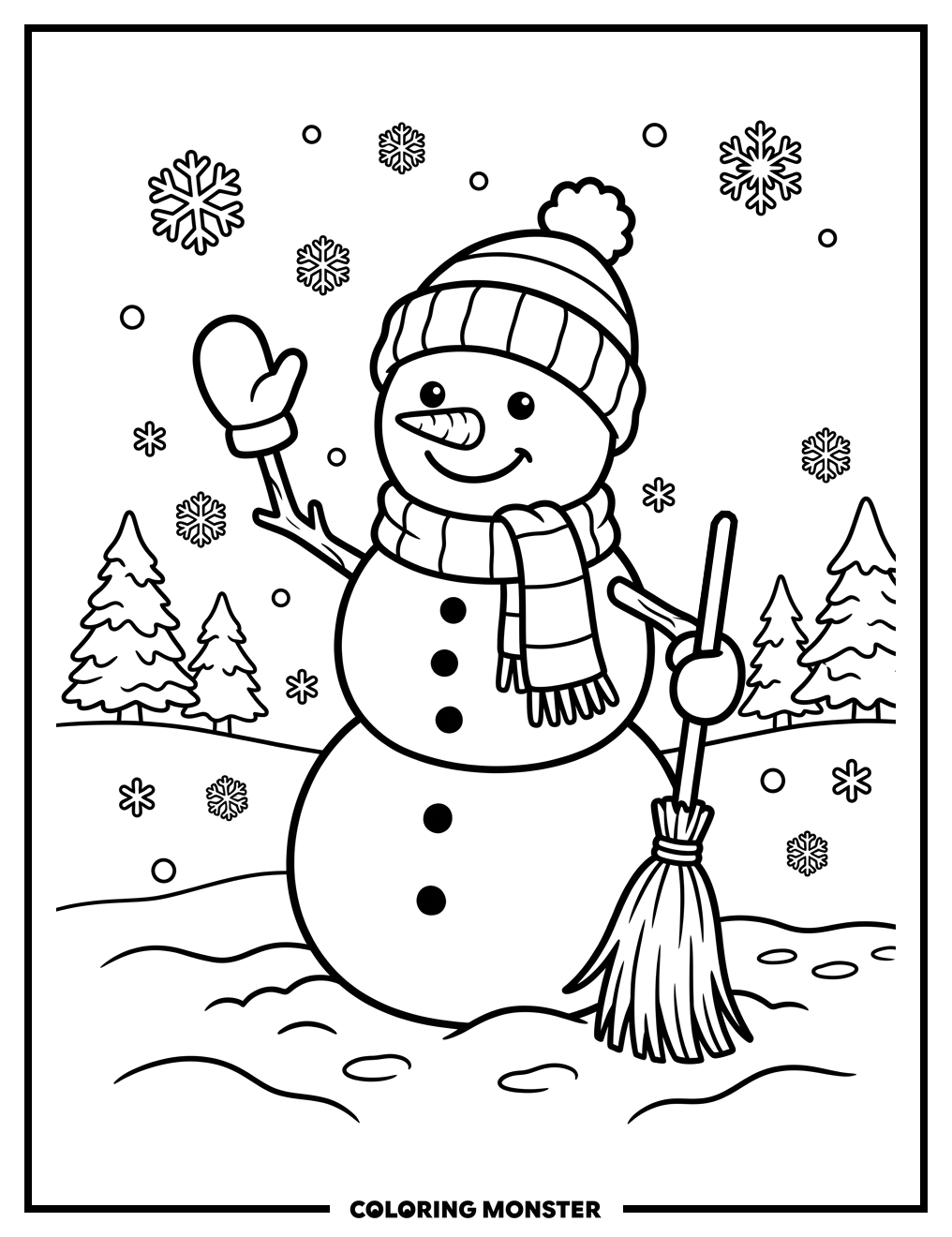 Cheerful Snowman Waving Hello Coloring Page