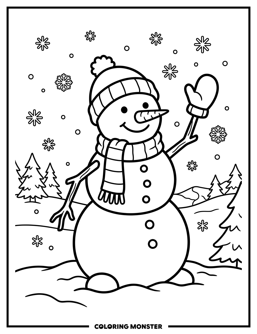 Cheerful Snowman Waving in Snowfall Coloring Page