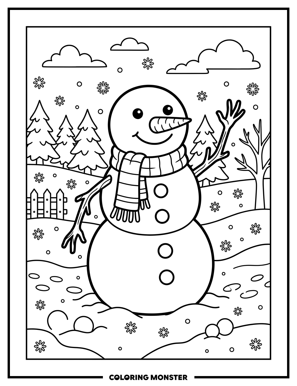 Cheerful Snowman Waving in Snowy Field Coloring Page