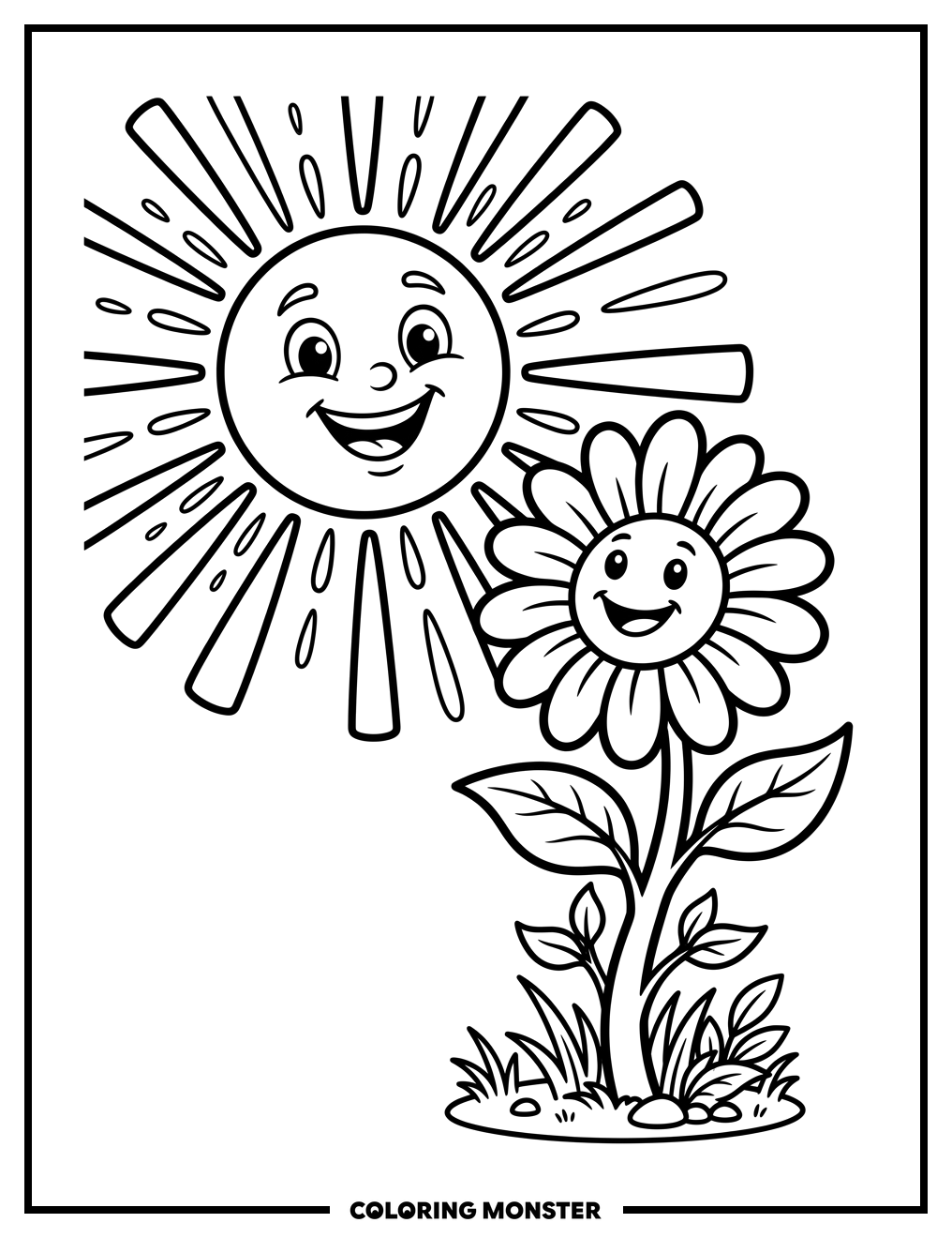 Cheerful Sun and Happy Flower Coloring Page