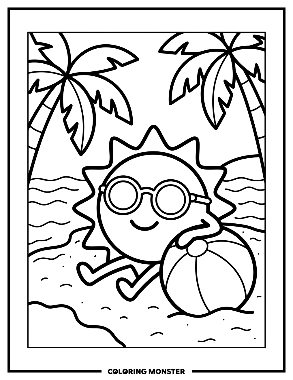 Cheerful Sun on a Sandy Beach Coloring Page