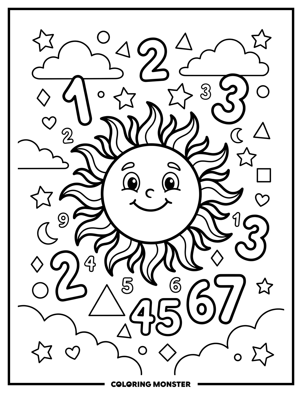 Cheerful Sun With Numbers and Shapes Coloring Page