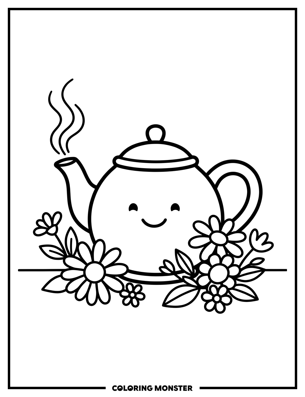 Cheerful Teapot with Flowers Coloring Page