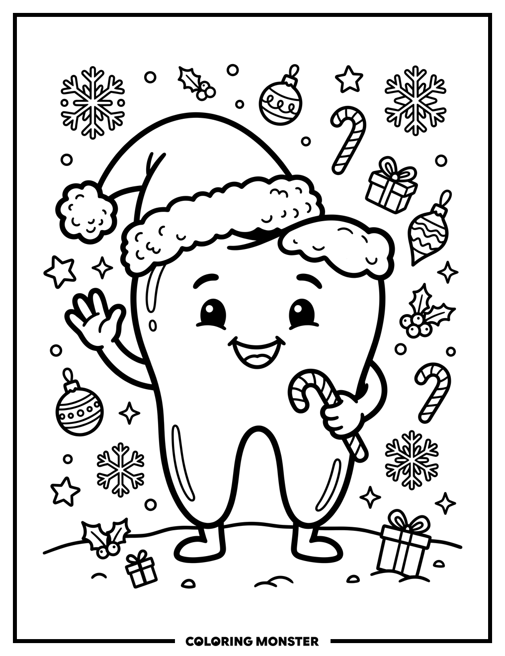 Cheerful Tooth with Santa Hat Coloring Page